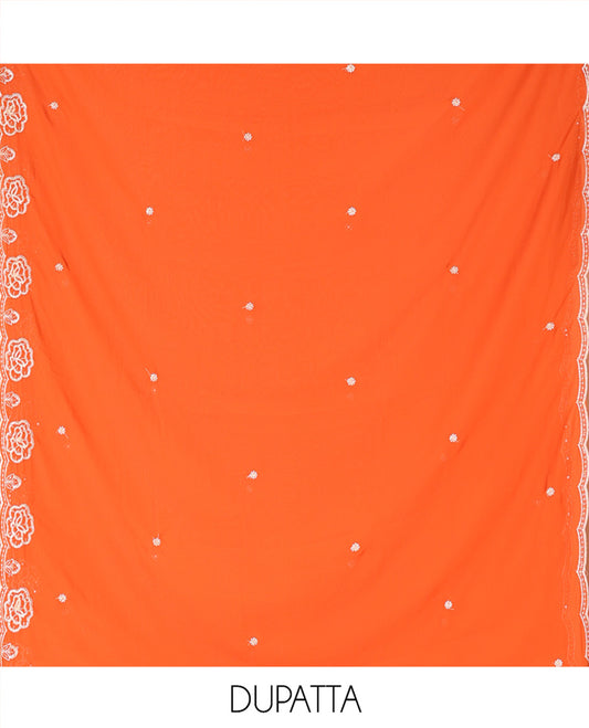 Rust Fox Georgette Material Chudidar Set, Woven with Floral Embroidery on Its Top, a Plain Santoon Bottom, and Paired with a Rose Floral Embroidered Scallop Dupatta