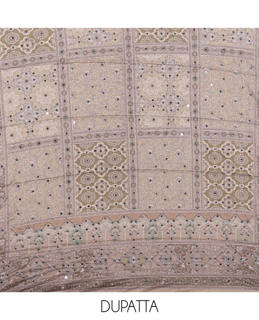 Fawn material chudidar set, intricately printed with original mirror work crepe top, Italian crepe bottom, and chinon digital print, mirror work dupatta