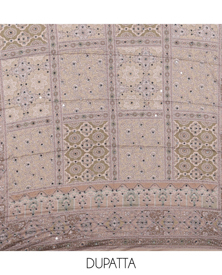Fawn material chudidar set, intricately printed with original mirror work crepe top, Italian crepe bottom, and chinon digital print, mirror work dupatta
