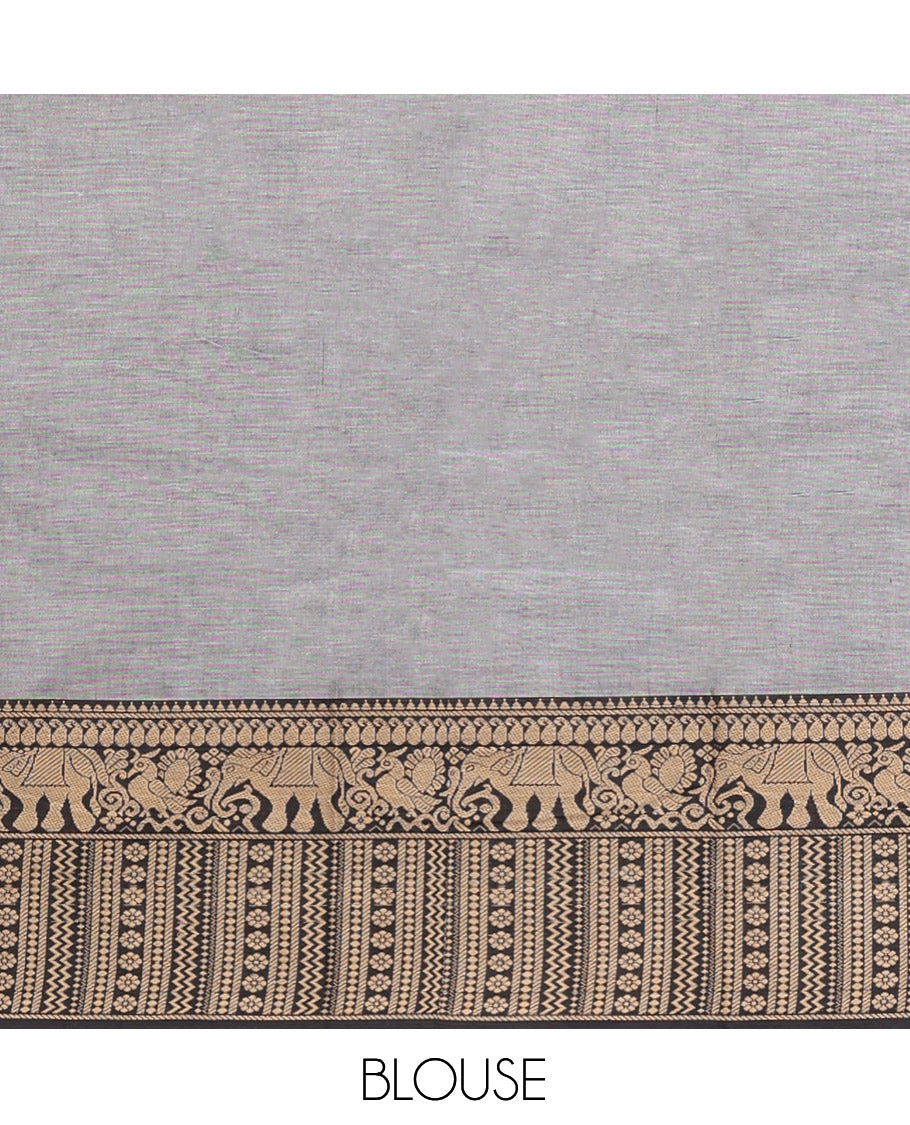 Grey Cotton Half-Saree Features Plain Skirt, a Contrast Traditional Thread Border, a Matching Blouse, and a Contrast Dhavani