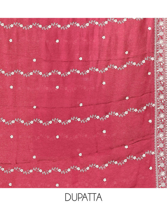 Strawberry pink vichitra crush material chudidar, thread & bead floral embroidery top, plain santoon bottom & floral thread embroidery dupatta