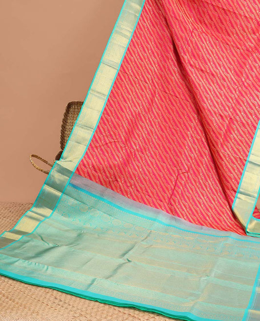 Red striped floral design kancheepuram silk saree with contrast border of sombu, muthu, banaras designs & zari design pallu