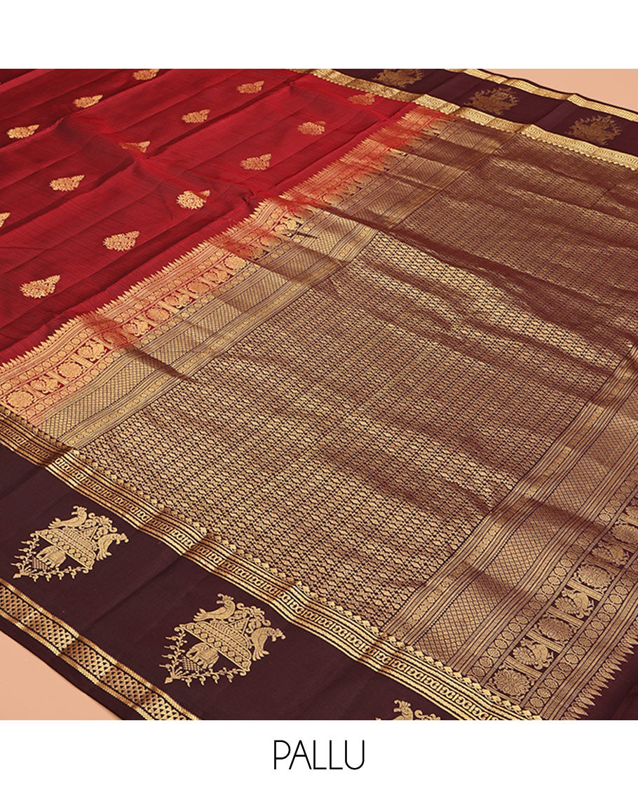 Red Vasundhara Silk Saree, Elevated with Zari Buttas, Contrast Border of Thilakam Mokku, Neli, Kathir, Ara Maadam, Yaanai, and Kili Designs, Grand Pallu, and a Contrast Blouse