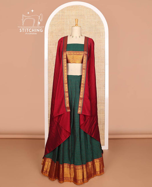 Dark green mercerised cotton daman zari border, checked design  half saree with mercerised cotton checked blouse & skya georgette one side zari border work
