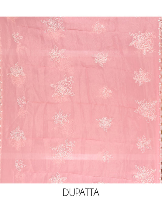 Pink Shimmer Georgette Material Chudidar Set, Artfully Detailed with Floral Thread Embroidery on Its Top, a Plain Santoon Bottom, and Comes with a Floral Embroidered Shimmer Georgette Dupatta