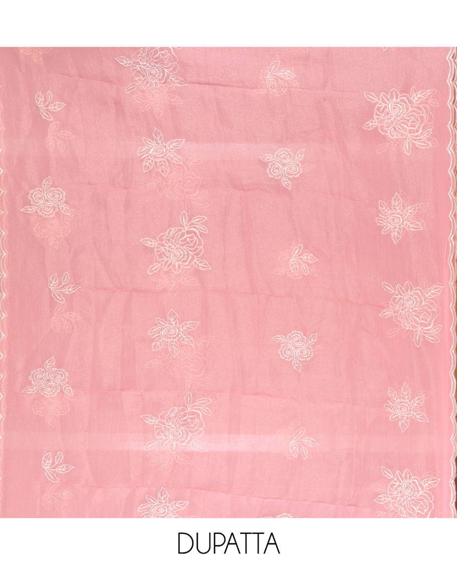 Pink Shimmer Georgette Material Chudidar Set, Artfully Detailed with Floral Thread Embroidery on Its Top, a Plain Santoon Bottom, and Comes with a Floral Embroidered Shimmer Georgette Dupatta