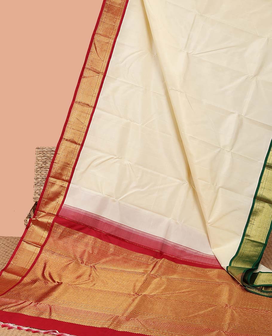 White kancheepuram silk saree with intricate zari design pallu & korvai border of rekku,paun,ara maadam designs