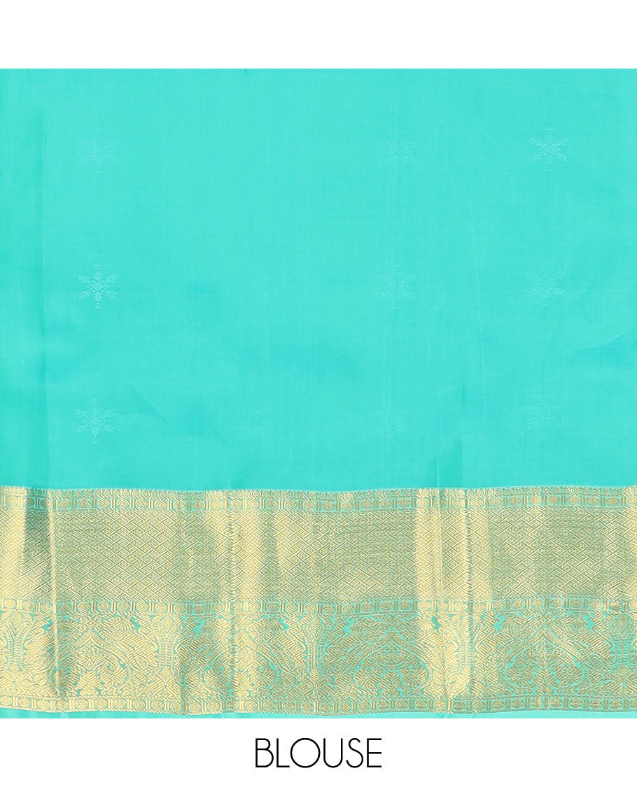 Yellow zari buttas vasundhara silkmix saree,contrast intricate pallu & border of poun,banaras,paayadi kann,mayil & yaali
