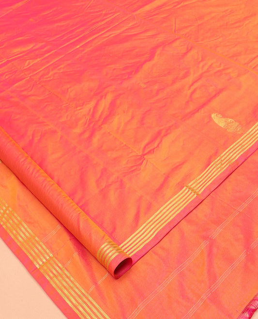 Orange Zari Buttas Nine-Yard Saree, Highlighted by a Zari Traditional Border, Self-Pallu of Buttas and Stripes, and No Blouse