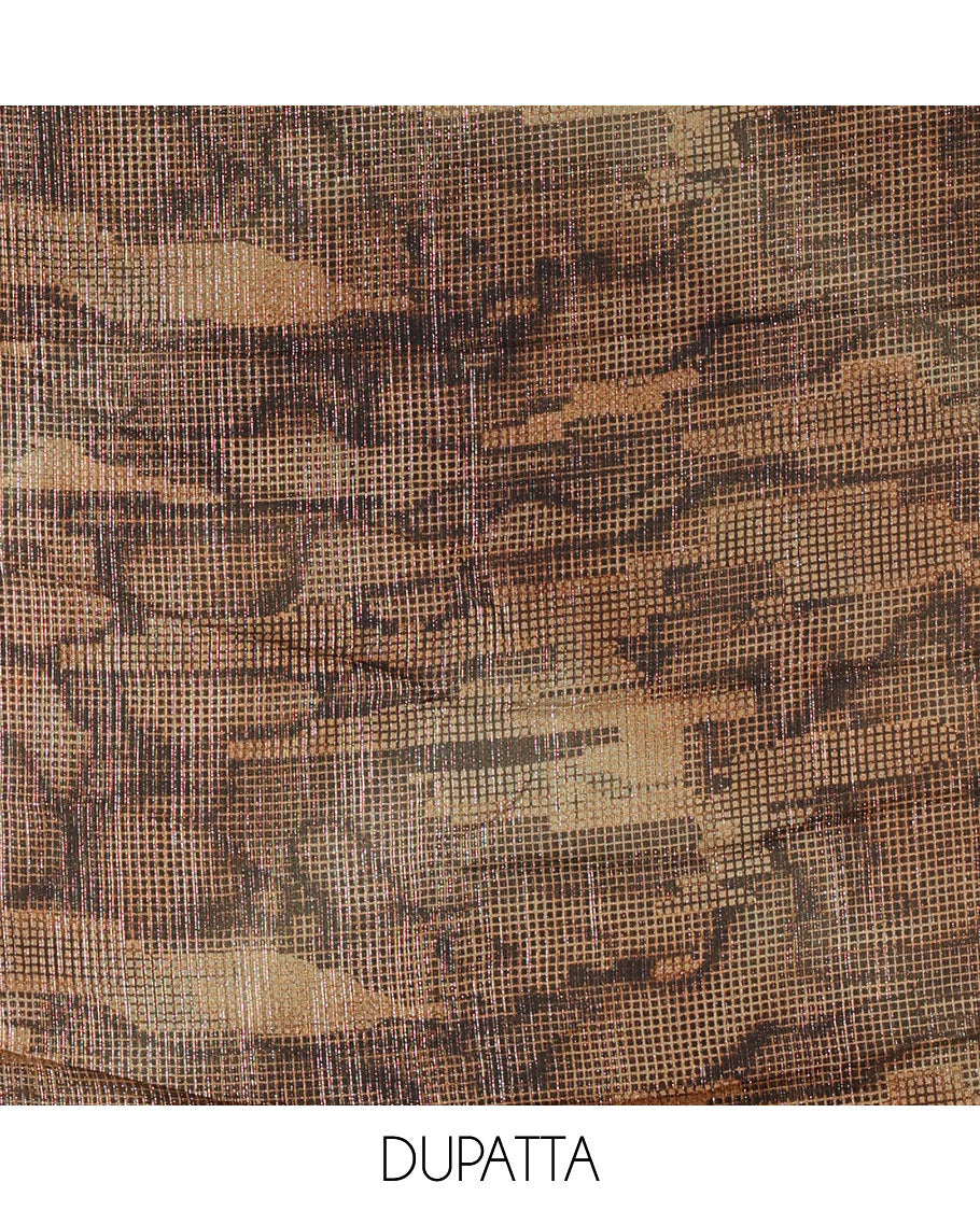 Brown material chudidar set, abstract printed with mirrorwork Vichitra silk top, santoon bottom, and abstract printed shimmer georgette dupatta