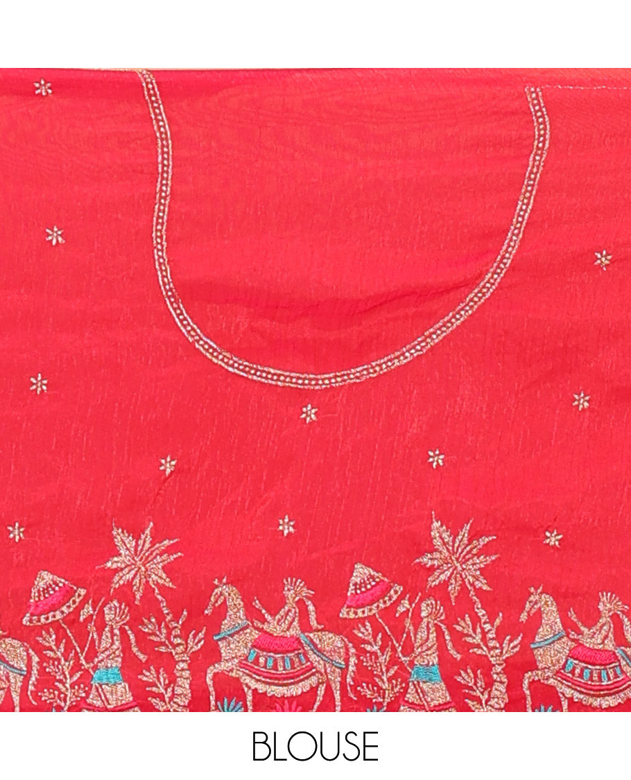 Red half-saree, Swarovski stone work with girl-on-the-horse motifs embroidered bordered satin georgette skirt, a matching satin georgette blouse, and a contrast Swarovski stone work scallop dhavani