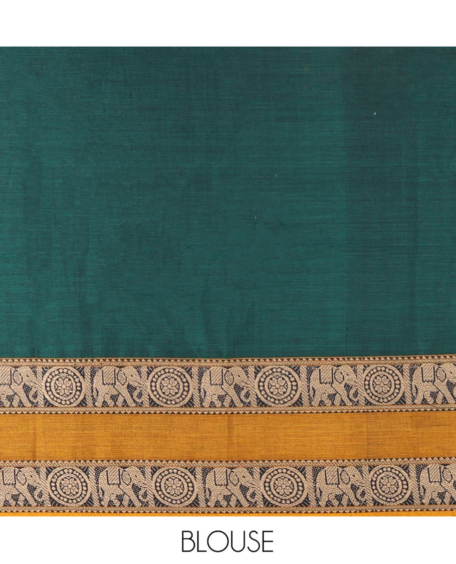 Bottle Green-Mustard Mercerised Cotton Half-Saree Features Plain with Contrast Rettai Pettu Elephant-Chakram Bordered Skirt, Paired with a Matching Blouse, and Comes with a Contrast Elephant-Chakram-Bordered Dhavani
