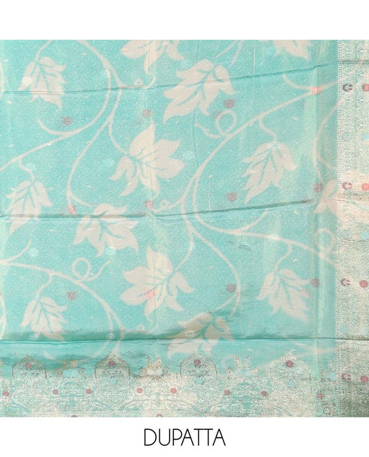 Turquoise material chudidhar set, floral print & embroidered top, plain bottom & floral print dupatta