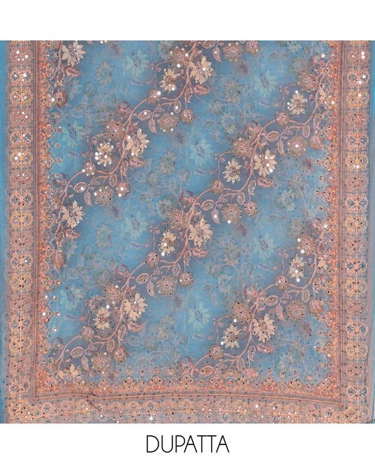 Blue Material Chudidar Set Embellished with Floral Vine with Mirror Work Organza Top, Subtly Made Plain Santoon Bottom, and Organza Dupatta Featuring Floral Vine Print and Mirror Work