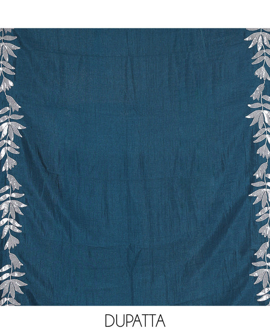 Sky Blue Material Churidar Set, Detailed with Floral Motifs Sequins-Thread Embroidered on Its Vichitra Silk Top, Comes with a Contrast Santoon Bottom, and Paired with a Vichitra Silk Floral Embroidered Scallop Dupatta