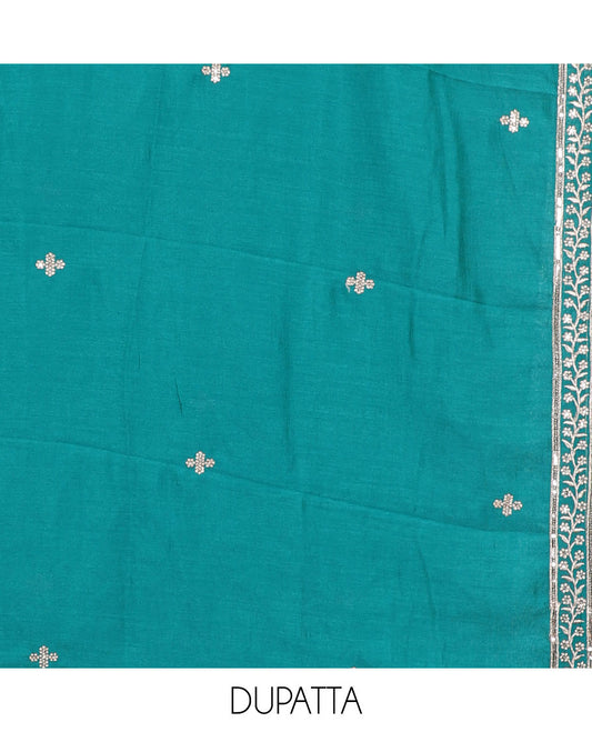 Green Vichitra silk material chudidar set, floral design neck embroidered top, santoon bottom & contrast embroidered Vichitra silk dupatta