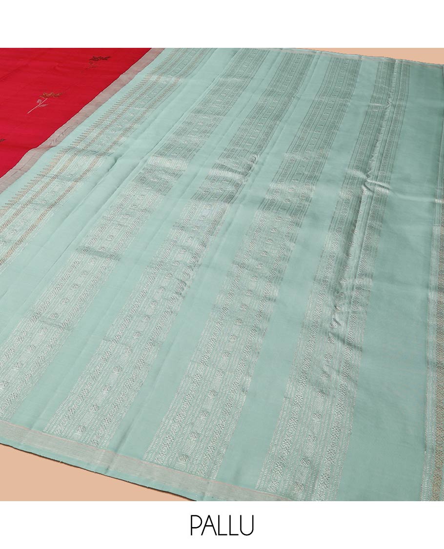 Yellow and Red Half-And-Half-Style Kanchipuram Designer Silk Saree, Subtly Enriched with Floral Buttas and  Jaal Designs All Over Its Body, Piping Border, Captivating Contrast Pallu of Traditional Designs Weave, and Is Paired with a Contrast Blouse