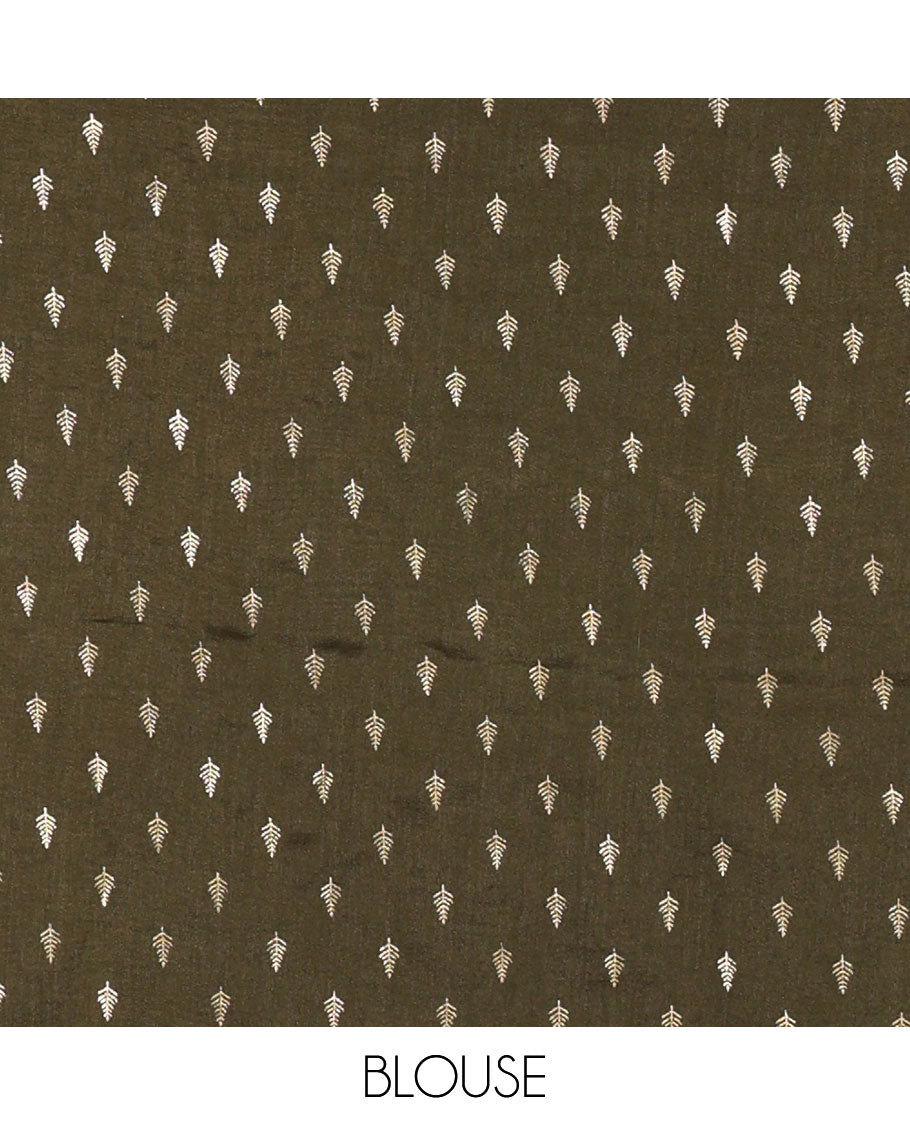 Cream-olive green Vichitra half-saree, plain and contrast bordered skirt, contrast leaf buttas blouse, dhavani of buttas and floral creeper designs