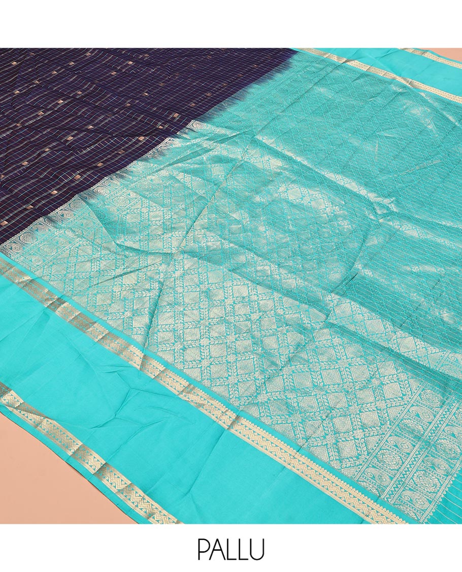 Navy Blue-Sapphire Blue Vasundhara Silk Saree Features Zari Butta and Checks, Contrast Rettai Pettu Border, Jaal Pallu, and a Contrast Blouse