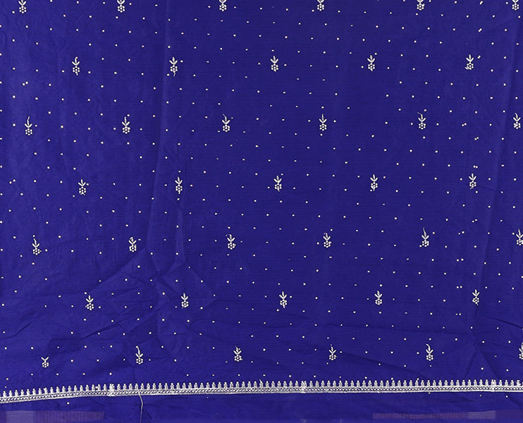 Blue half-saree, floral motifs embroidered semi raw silk top, matching embroidered blouse, and contrast scallop embroidered georgette dhavani