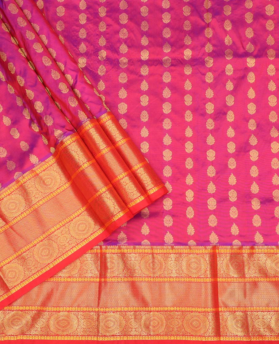 Pink floral buttas pure silk half saree with contrast intricate zari design border, zari design blouse & argyle zari design dhavani