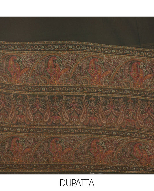 Mehendi green Italian crepe material chudidar set, paisley printed top, plain bottom, and floral-paisley printed georgrette dupatta