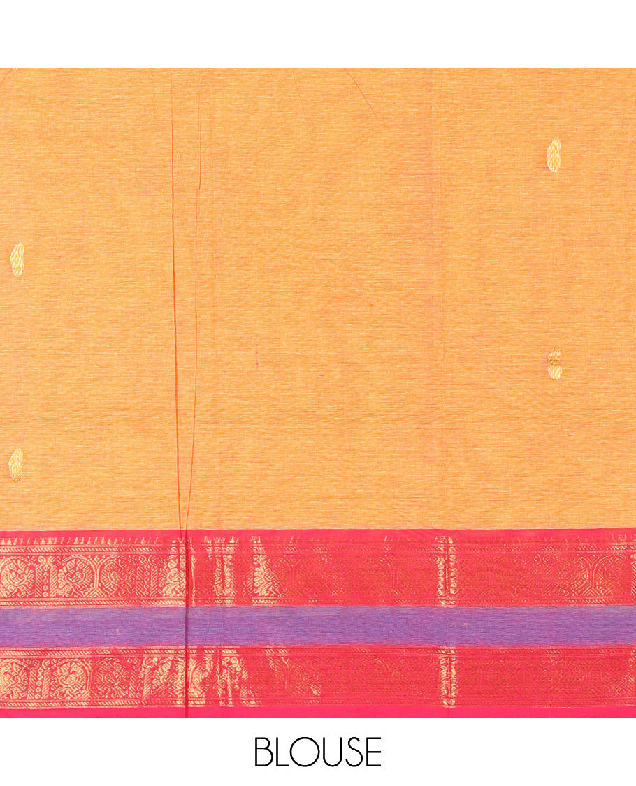 Mustard and Rani Pink Chettinad Cotton Half-Saree Featuring Buttas Woven Skirt, Highlighted with a Contrast Rettai Pettu Peacock Motifs Woven Zari Border, a Subtly Woven Matching Blouse, and a Vichitra Silk Contrast Traditional Zari-Bordered Dhavani