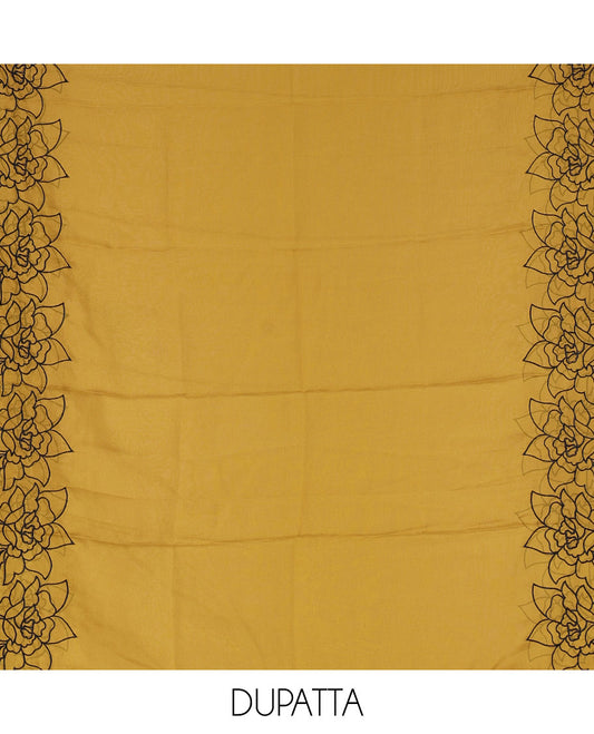 Black and yellow organza material churidar set, Lucknowi chikankari floral vine embroidery top, plain bottom, and contrast floral embroidery dupatta