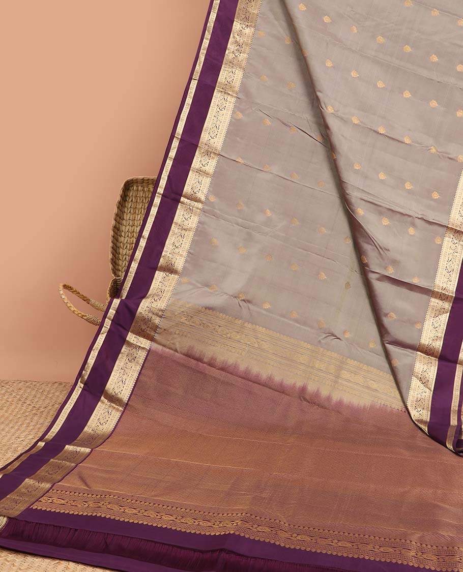 Grey floral buttas vasundhara silk mix saree with contrast traditional zari design border & striped pallu