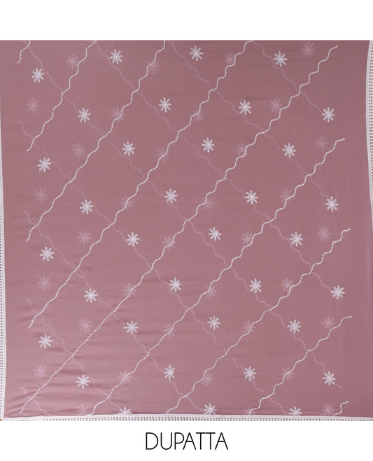 Pink chudidar material set, floral embroidery with daman crochet lace work jam cotton top, white thread argyle design embroidery with lace work nazlin dupatta, unique motifs printed bottom