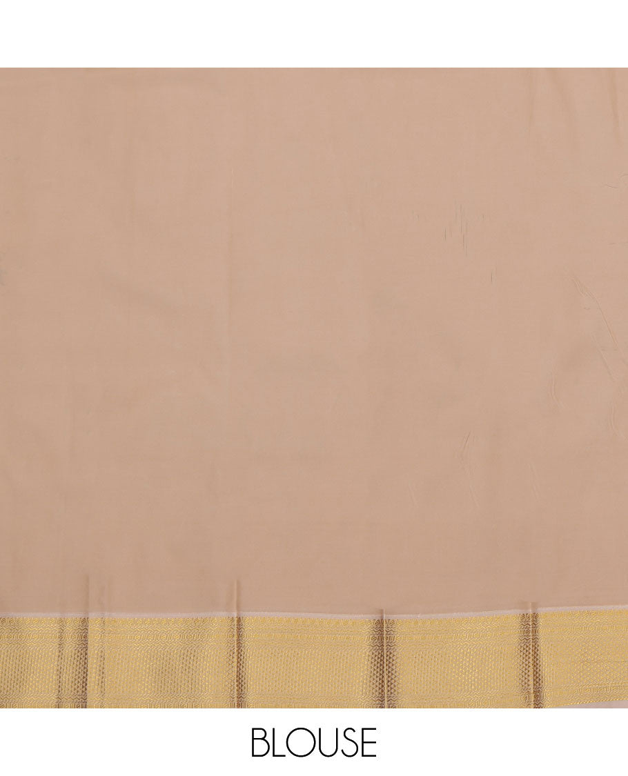 Green Budget Silk Saree, Accentuated with Zari Buttas All Over Its Body, Complemented by a Contrast Traditional Zari Design-Woven Border, Subtly Woven Pallu of Jaal Designs, and Paired with a Contrast Blouse