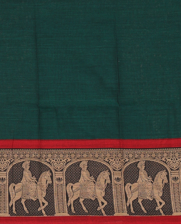 Green with maroon mercedised cotton half-saree, contrast elephant zari border skirt, matching blouse & one side border georgette dhavani