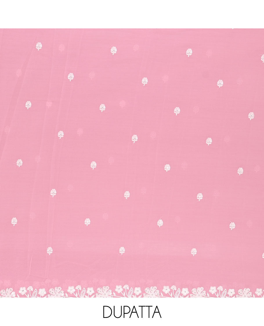 Pink material chudidar set, floral thread embroidered georgette top, plain bottom, and floral motifs embroidered scallop georgette dupatta