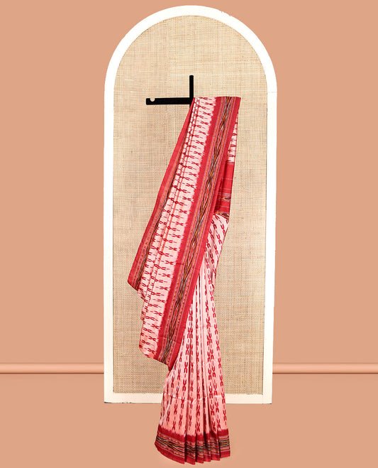 Peach Pochampally Ikat Silk Saree, Elevated with Cross-Shaped Buttas, Complemented by a Contrast Ikat Design Border, Ikat Pallu, and No Blouse