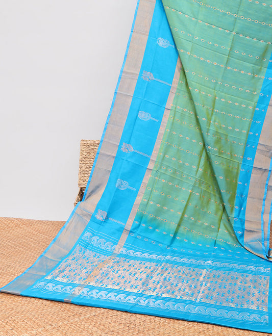 Green striped floral design uppada silk saree with contrast zari border & jaal design pallu