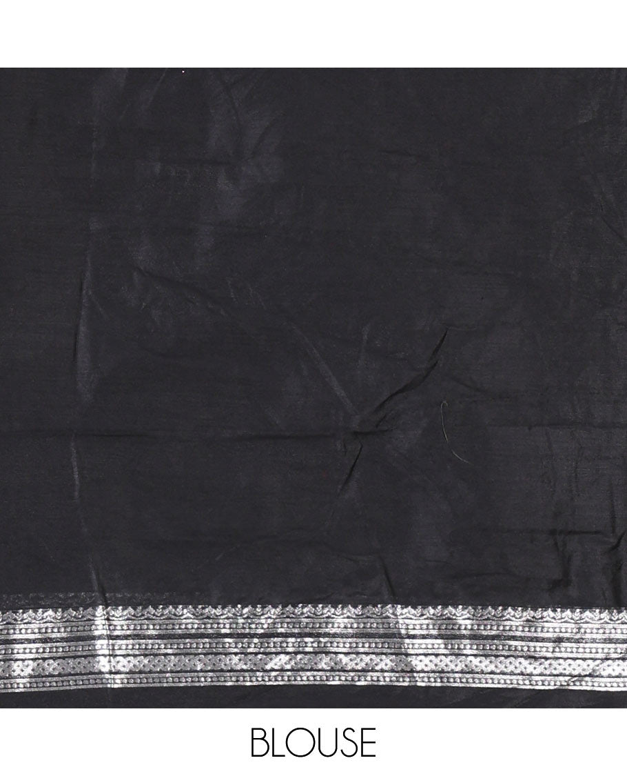 Grey taffeta silk half-saree, plain with a contrast traditional design bordered skirt, contrast blouse, and traditional zari bordered blouse