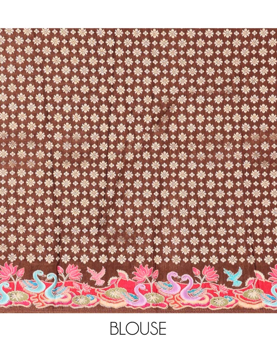 Pale Brown Dola Silk Saree, Richly Detailed with Mughal-Style Design on Its Body, Complemented by Contrast Floral-Bird Printed Border, Mughal-Style Printed Pallu, and Paired with a Contrast Blouse