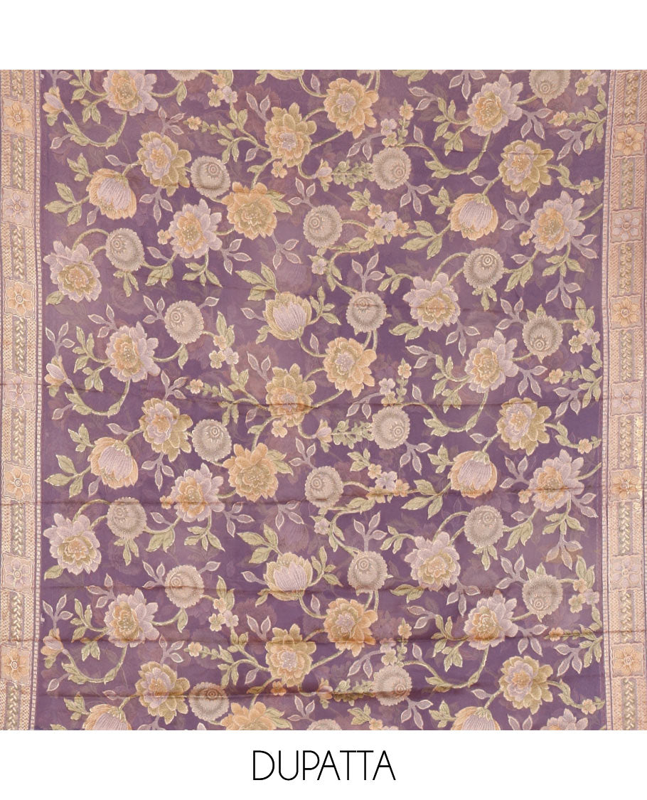 Lavender material chudidar set, plain with neck work vichitra silk top, cotton bottom & baraso floral printed dupatta