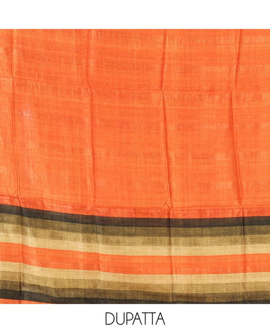 Orange material chudidar set, horizontal ombre striped semi-tussar top, plain santoon bottom & horizontal ombre striped dupatta with tassels