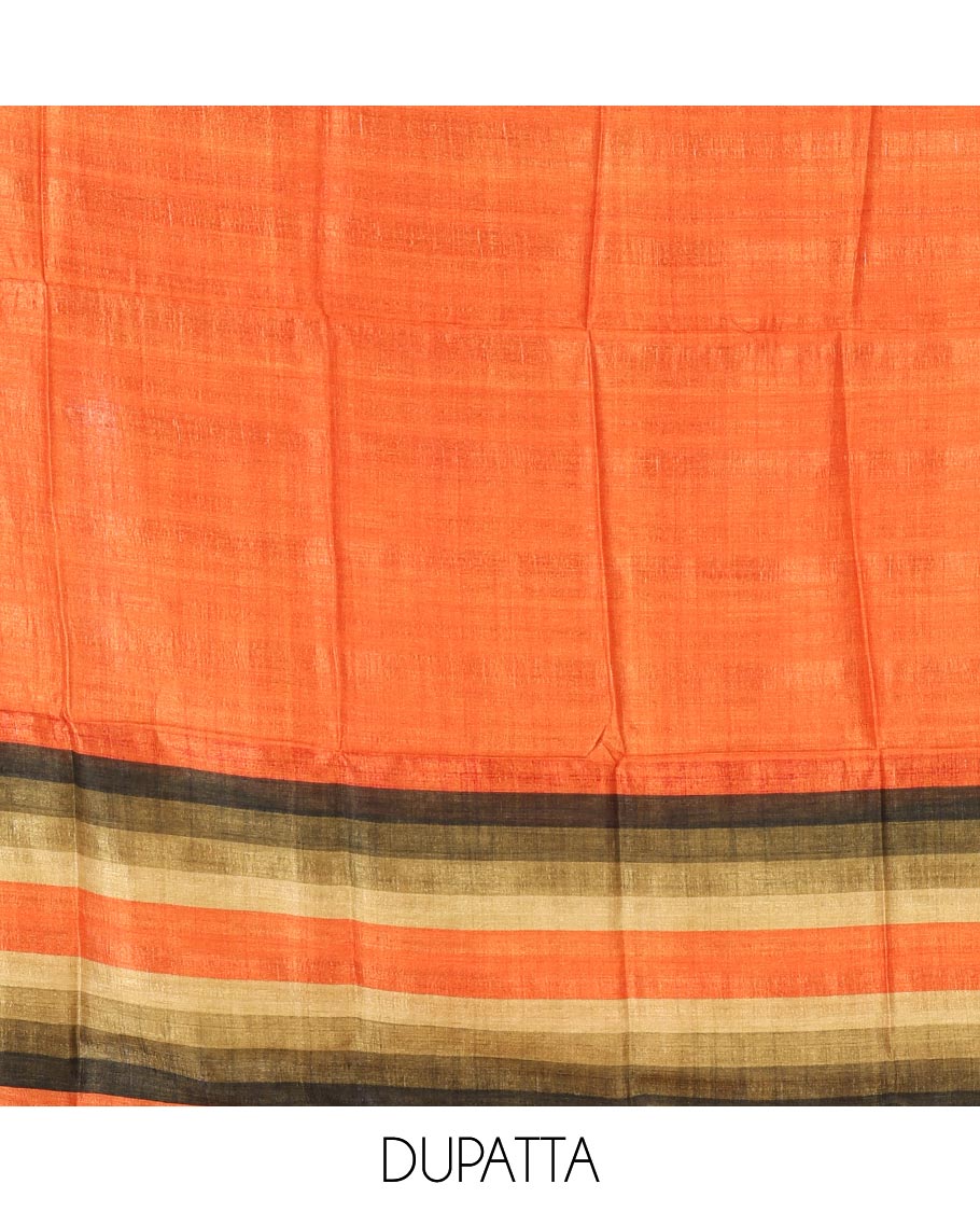 Orange material chudidar set, horizontal ombre striped semi-tussar top, plain santoon bottom & horizontal ombre striped dupatta with tassels