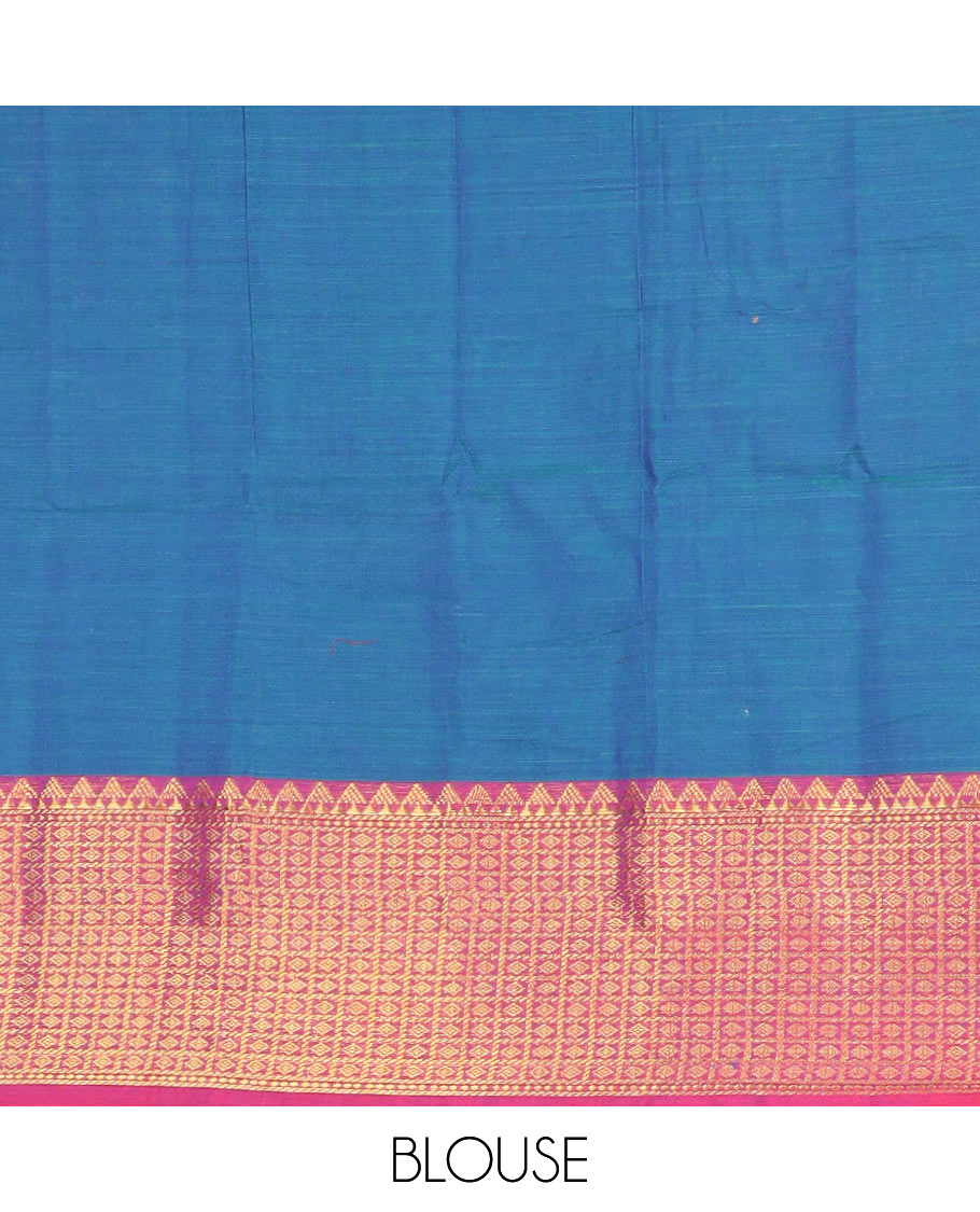 Blue cotton half saree with contrast checked, temple border, zari design blouse & temple border dhavani