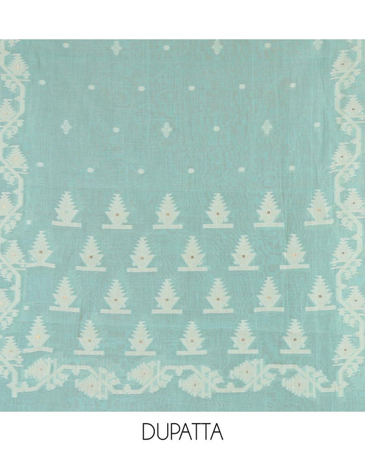 Cream with blue semi-chanderi material churidar set, floral jaal jacquard top, contrast taffeta silk bottom, and jamdani style dupatta