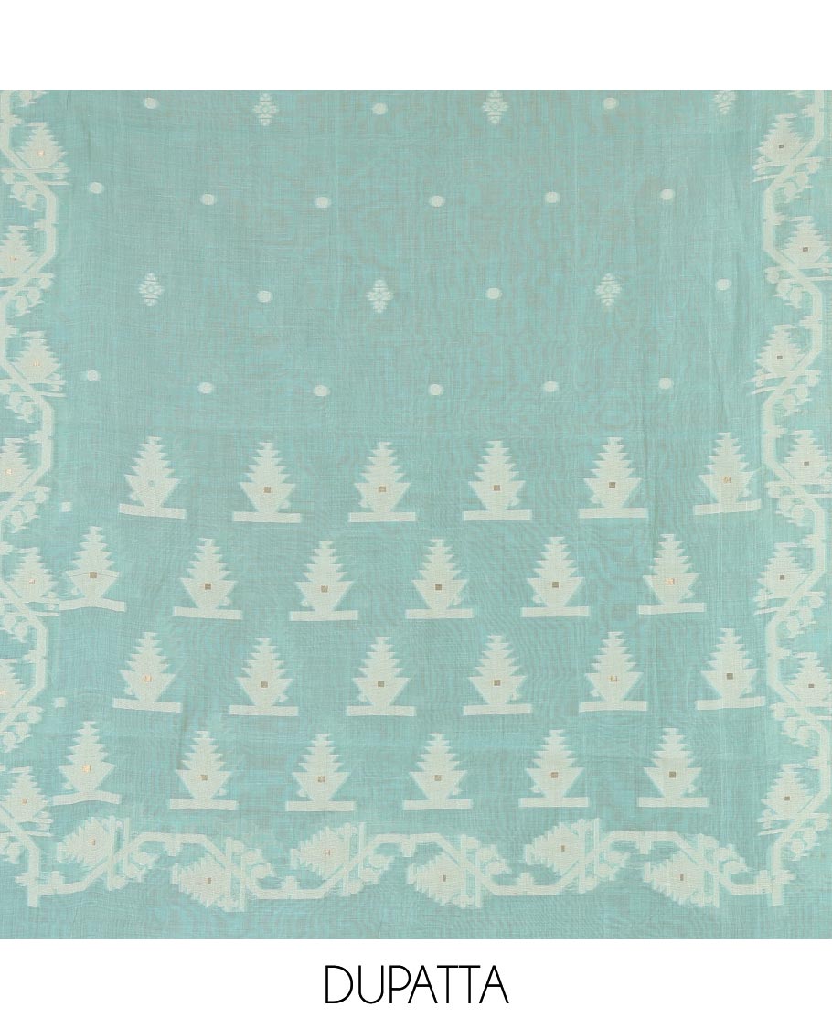 Cream with blue semi-chanderi material churidar set, floral jaal jacquard top, contrast taffeta silk bottom, and jamdani style dupatta