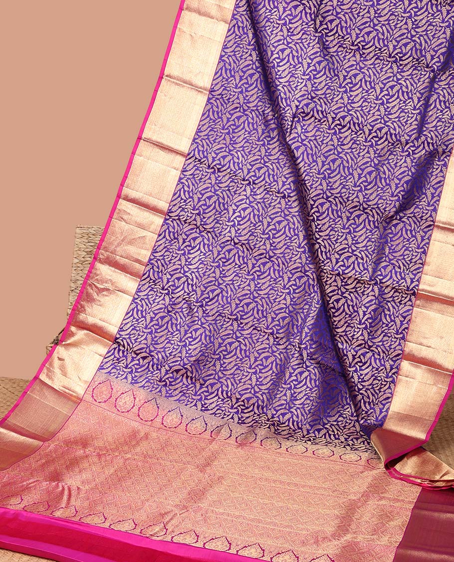 Purple leaf jacquard kancheepuram silk saree with contrast intricate zari border & pallu of ogee design
