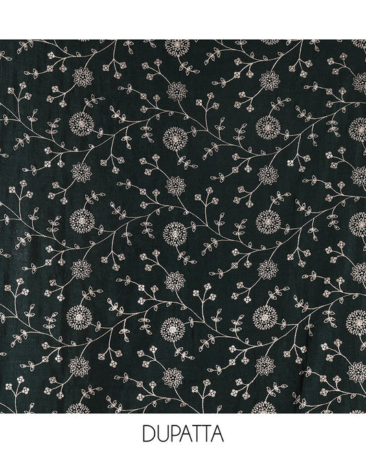 Pista green Vichitra silk material churidar set, floral motifs embroidered top, contrast Santoon bottom, and floral vine thread embroidered scallop dupatta