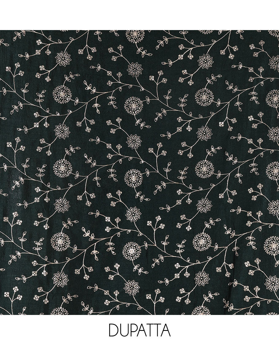 Pista green Vichitra silk material churidar set, floral motifs embroidered top, contrast Santoon bottom, and floral vine thread embroidered scallop dupatta