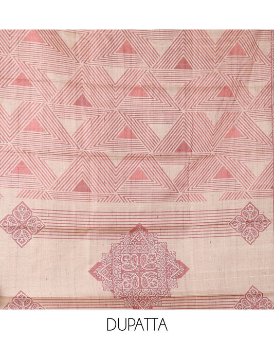 Onion pink semi-tussar material chudidar set, triangle printed top, heathered bottom & dupatta of triangle & four-petal floral print