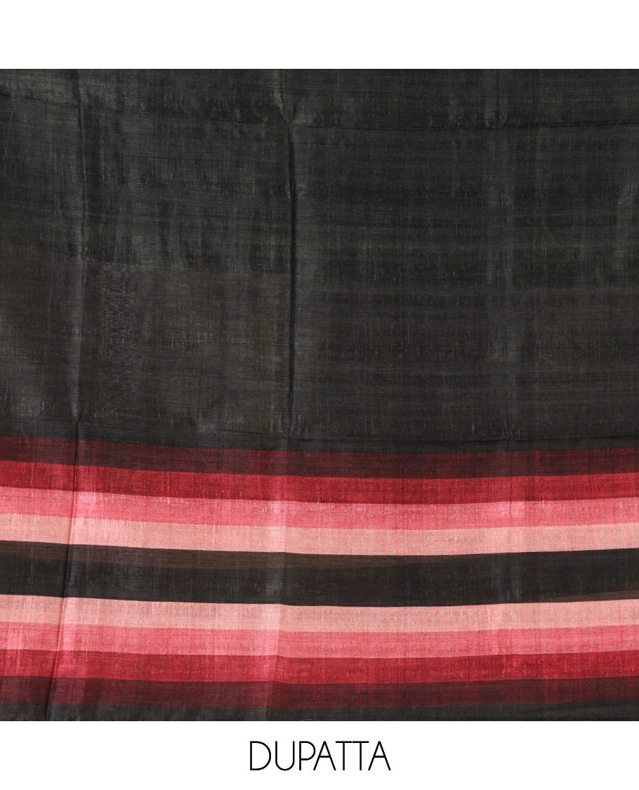 Black material chudidar set, horizontal rosepink-ombre striped semi-tussar top, plain santoon bottom & horizontal rosepink-ombre striped dupatta with tassels