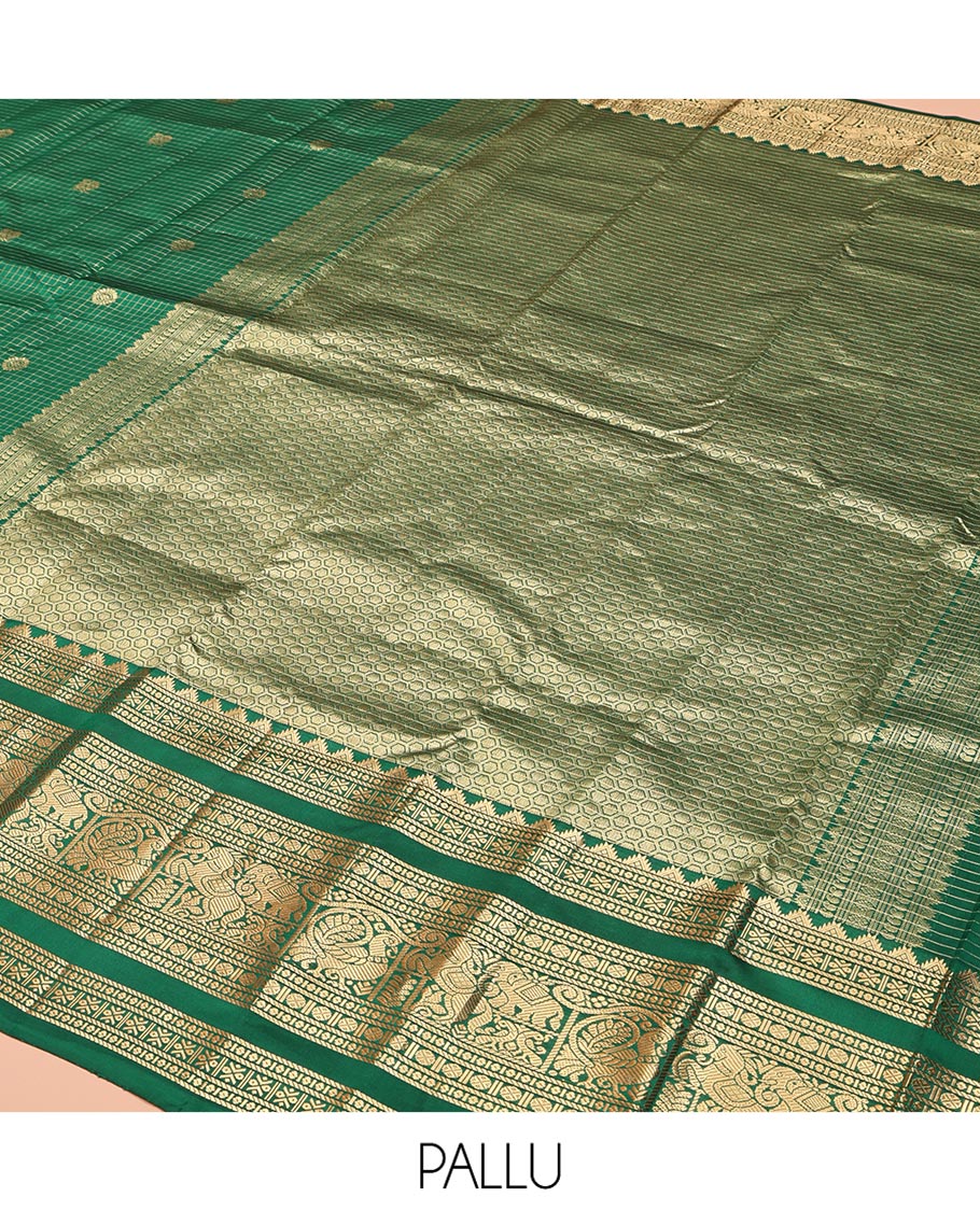 Green Vasundhara Lite Silk Mix Saree, Adorned with Mayil-Chakram Buttas and Zari Checks On Its Body, Highlighted by Zari Border of Rekku, Rudraksham, Mayil, and Kuthirai Designs, Grand Jaal Pallu and Paired with a Matching Blouse