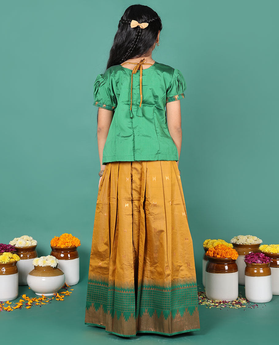 Mustard readymade art silk pavadai, zari buttas & contrast traditional zari border skirt & embroidered puff-sleeve round-neck blouse